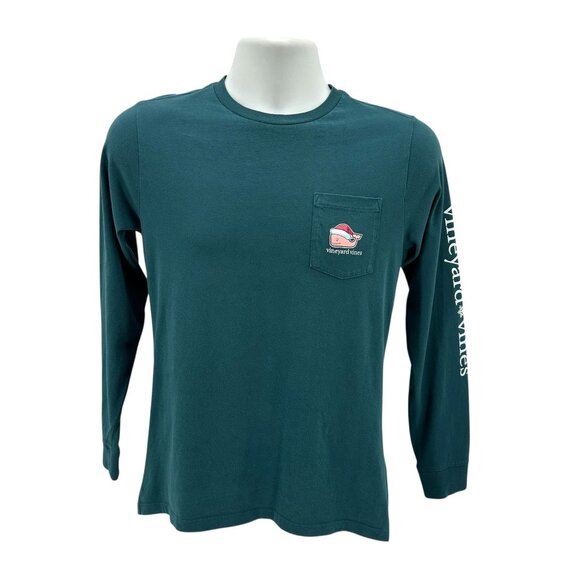 Vineyard Vines Youth Large Shirt Christmas Santa Whale Logo Pocket Green Tee - Picture 2 of 4